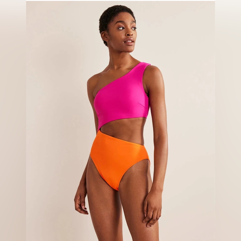 Boden Vibrant Pink and Orange One-Shoulder Swimsuit